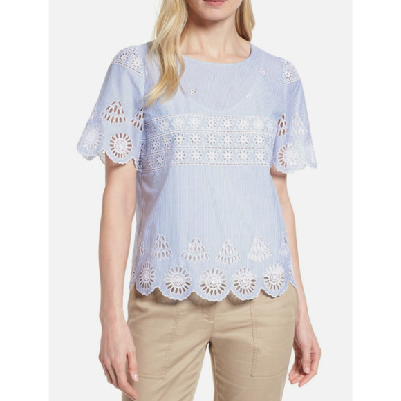 Nordstrom Signature Short Sleeve Blue Eyelet Top Size M Prairie - Picture 1 of 12